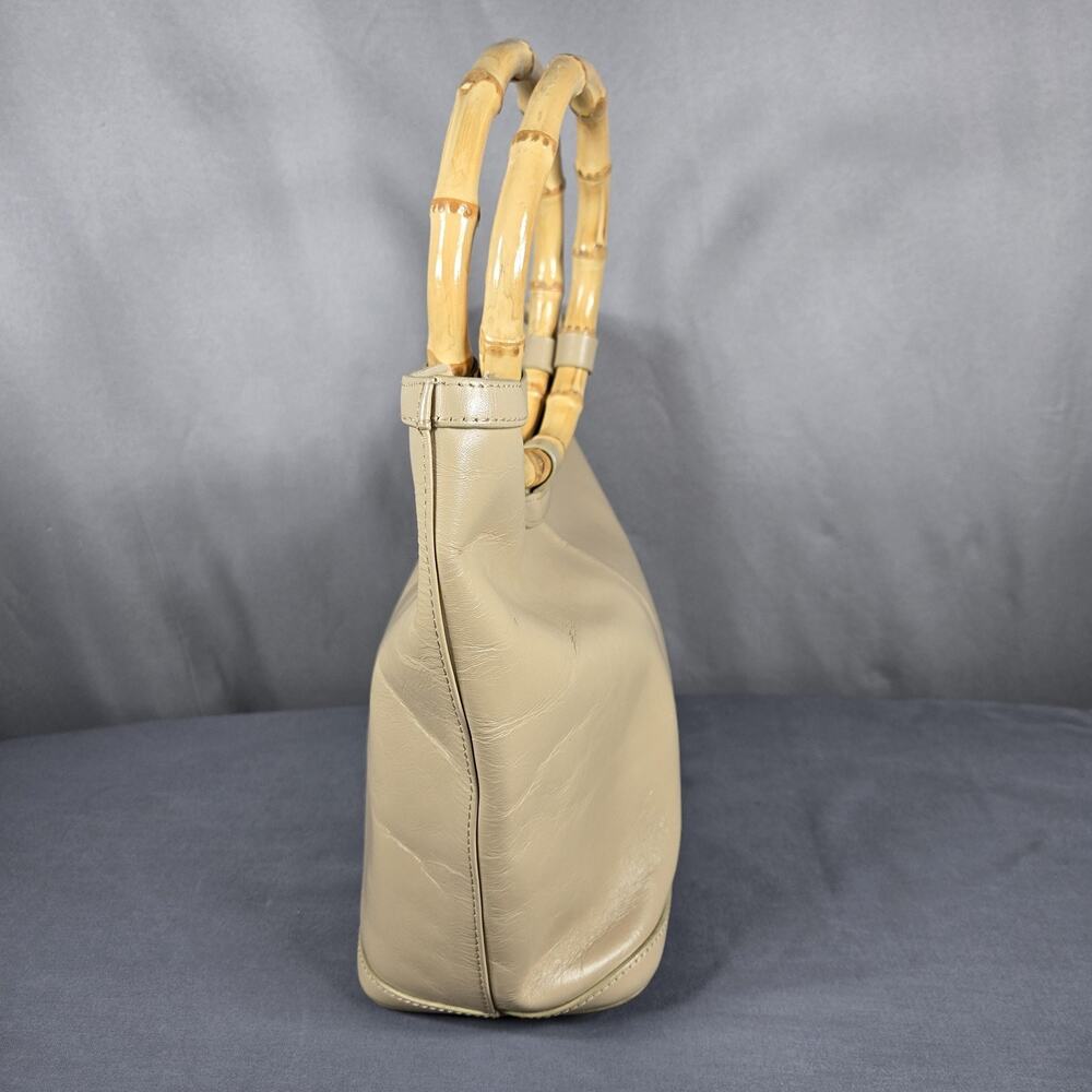 Talbots Leather Top Handle Tote Bag Women Beige Bamboo Handles Purse Handbag - Picture 2 of 10